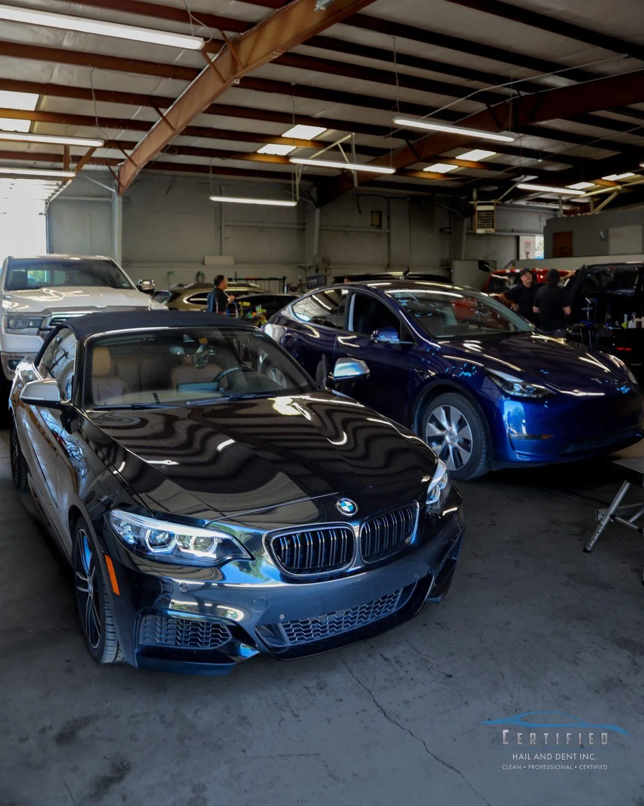 Vehicles in the repair bays