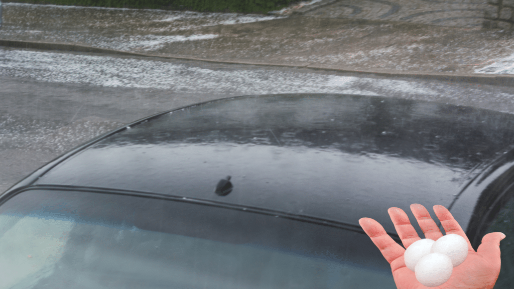 Big hail ice balls on car hood after a heavy hail storm